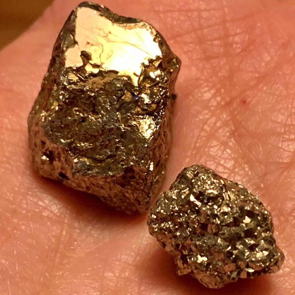 手のひらの上で金色に光る二つの黄鉄鉱のかけら